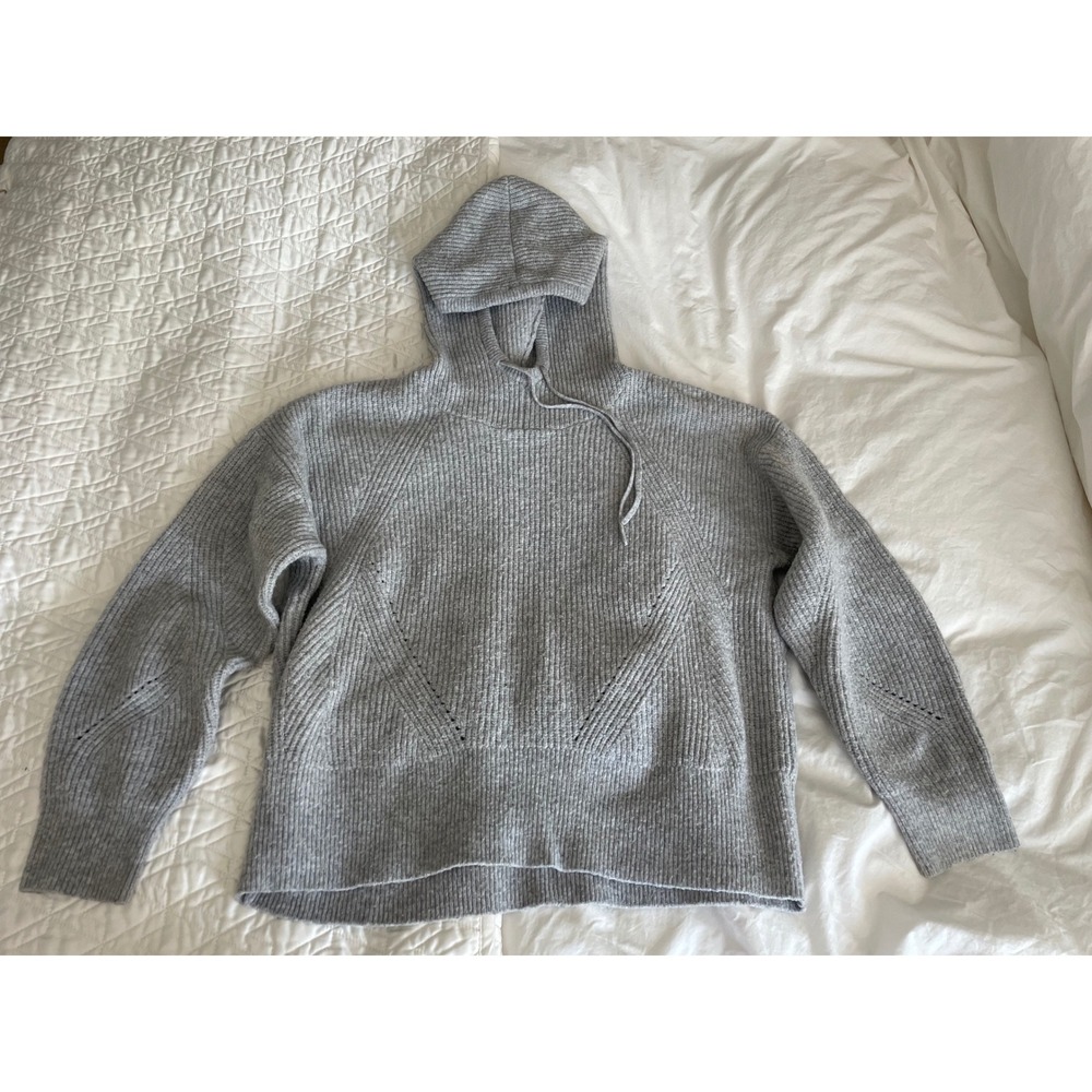 CALIA Hoodie Sweater Ribbed Knit Cozy Soft Pointelle Detail Heather Gray Medium